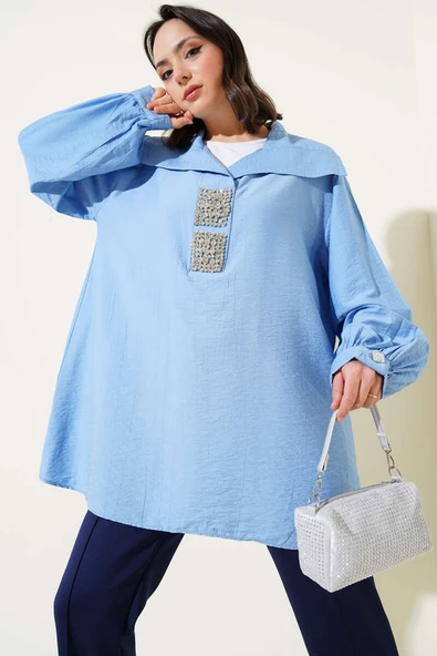 Önü Parlak Taşlı Oversize Tunik Mavi