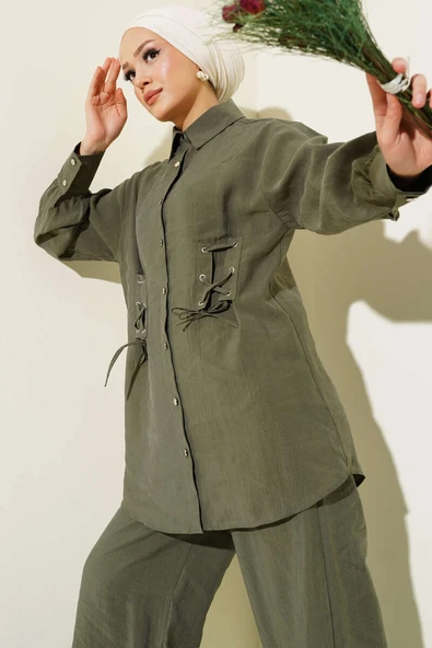 Kuş Gözü Detaylı Tunik İkili Takım Haki - Resim 2