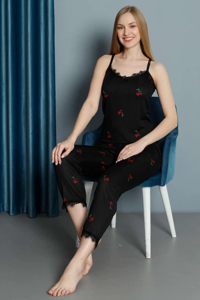 Kiraz Desenli Dantelli Sabahlıklı 3lü Pijama Takımı Siyah - Resim 2