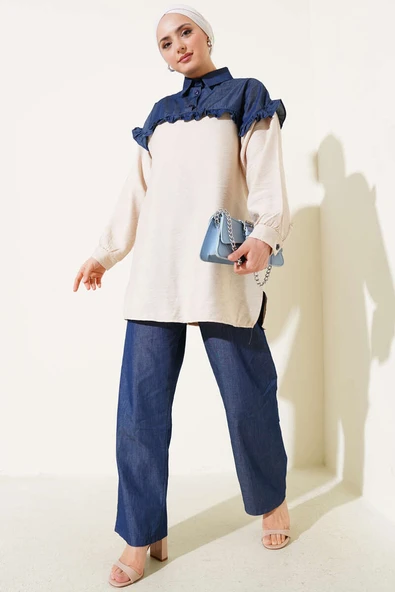 Fırfırlı Garnili Yarım Düğmeli İkili Takım Bej ürün görseli 1