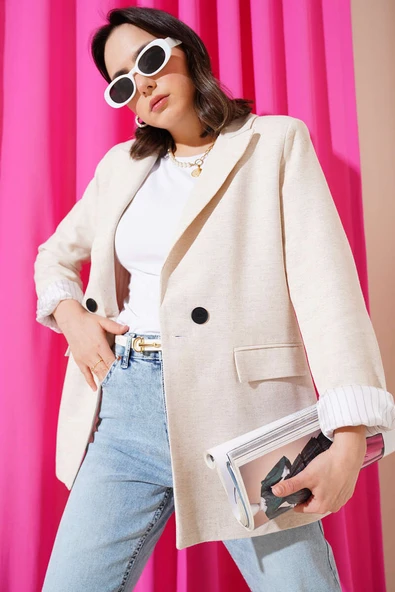Çizgili Astarlı Keten Blazer Ceket Bej