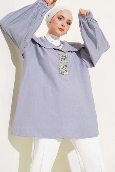 Önü Parlak Taşlı Oversize Tunik Gri ürün görseli 1