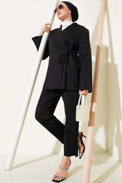 Yandan Bağlamalı Kruvaze Yaka Ceket Siyah - Resim 2
