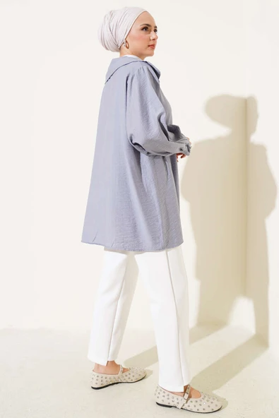 Önü Parlak Taşlı Oversize Tunik Gri - Resim 3