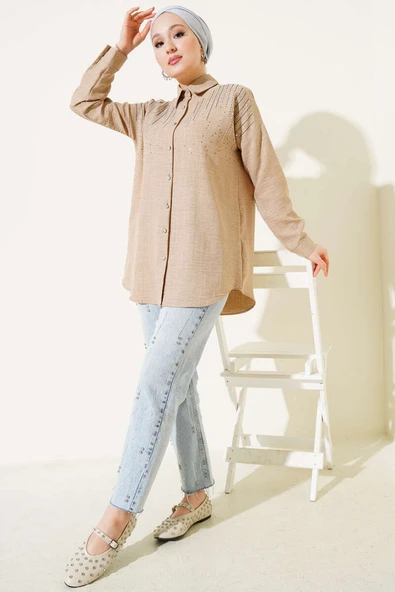 Omuz Taş Süslemeli Gömlek Camel - Resim 2