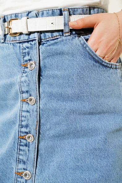 Boydan Metal Düğmeli Kot Etek - Resim 4