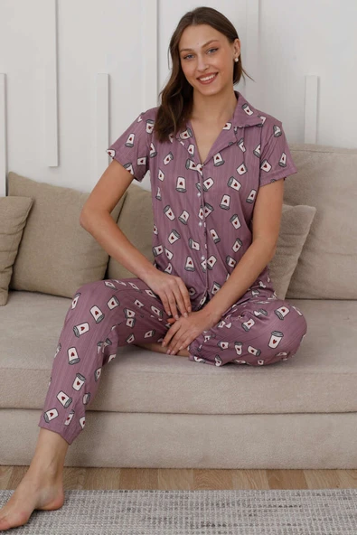 Kahve Bardağı Desen Düğmeli Pijama Takımı Lila