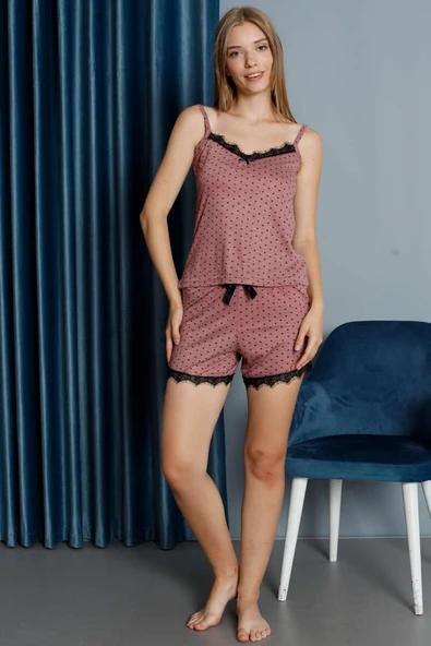 Mini Kalpli Dantelli Şortlu Viskon Pijama Takım Gül Kurusu ürün görseli 1