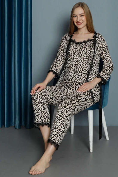 Leopar Desen Sabahlıklı 3lü Pijama Takımı Leopar - 1