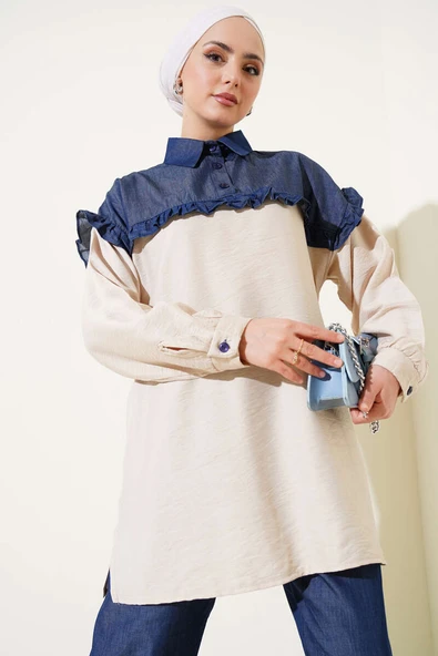 Fırfırlı Garnili Yarım Düğmeli İkili Takım Bej - Resim 2