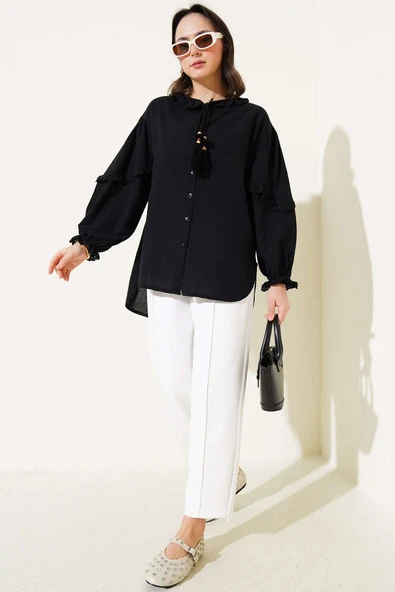 Kol Yaka Dantelli Püsküllü Gömlek Siyah - Resim 2