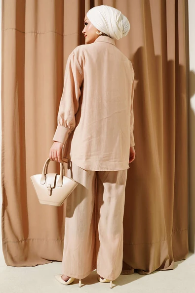 Kuş Gözü Detaylı Tunik İkili Takım Camel - Resim 3