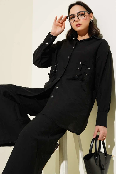 Kuş Gözü Detaylı Tunik İkili Takım Siyah - Resim 2