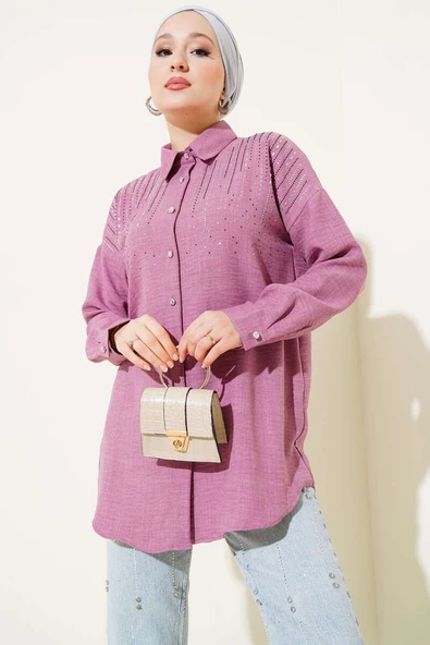 Omuz Taş Süslemeli Gömlek Gül Kurusu ürün görseli 1