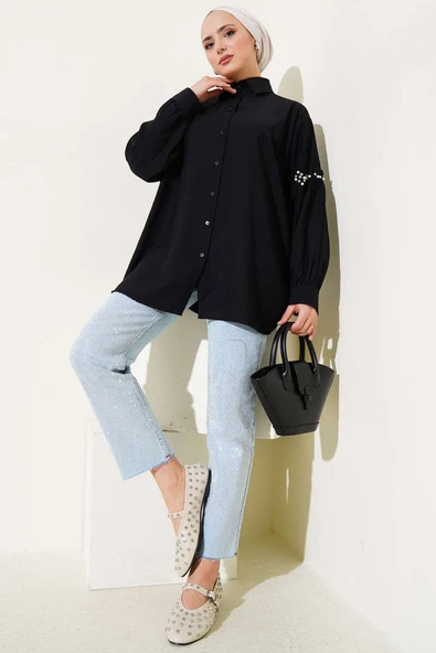 Kolu İnci Detaylı Gömlek Siyah - Resim 2