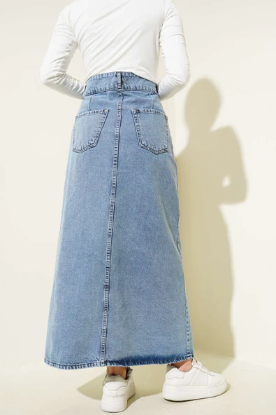 Boydan Metal Düğmeli Kot Etek - Resim 3