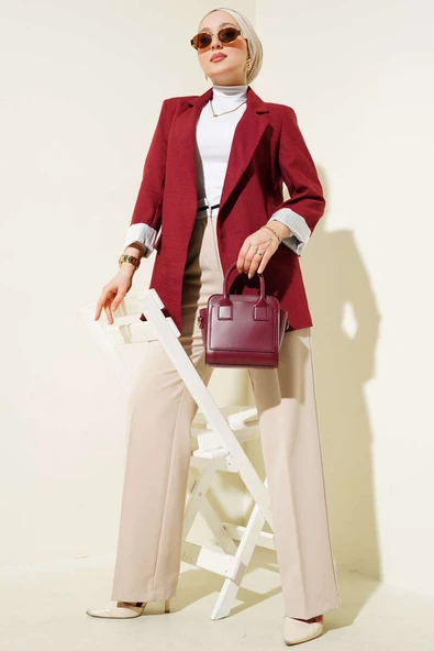 Çizgi Manşetli Keten Blazer Ceket Bordo - 2