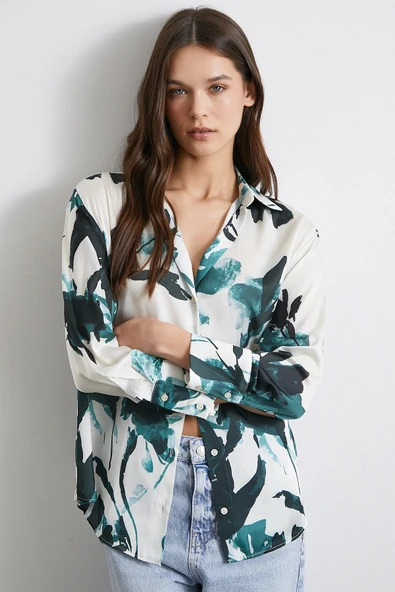 Saten Yüzeyli Desenli Gömlek Yeşil - Resim 2