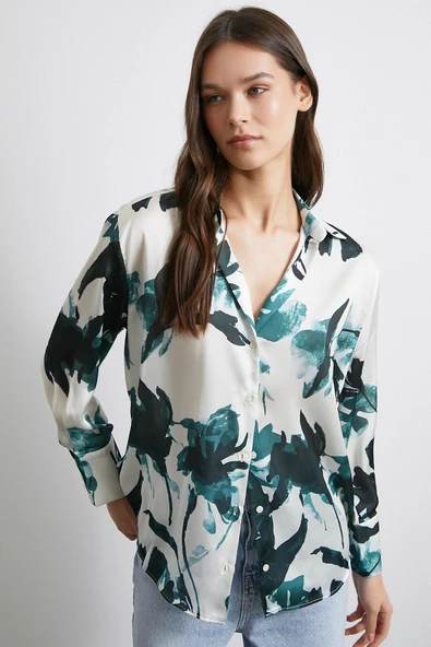 Saten Yüzeyli Desenli Gömlek Yeşil - Resim 6