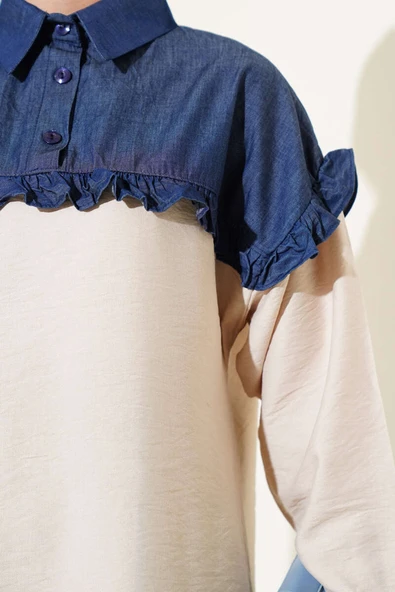 Fırfırlı Garnili Yarım Düğmeli İkili Takım Bej - Resim 4