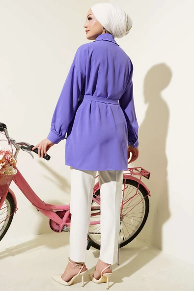 Fırfırlı Bebe Yaka Kuşaklı Gömlek Lila - Resim 3