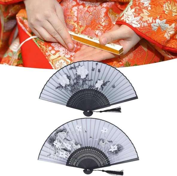 Beluga Yelpaze Bambu Serinletici Vintage Siyah Şık Püsküllü Japon Yelpaze 0334-0433 2 Adet - 2