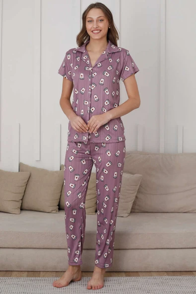 Kahve Bardağı Desen Düğmeli Pijama Takımı Lila - 2