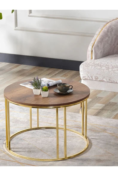 SEDAŞ LIVING UNITS Salon Orta Sehpa 70 CM  KOYU CEVİZ Suntalam (Gold) Metal Ayak Orta Sehpa