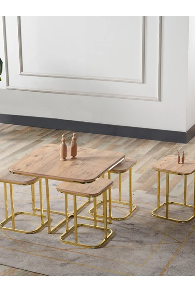 SEDAŞ LIVING UNITS PELİKAN 4+1 AÇIK CEVİZ (SUNTALAM) GOLD METAL AYAK TAKIM SEHPA