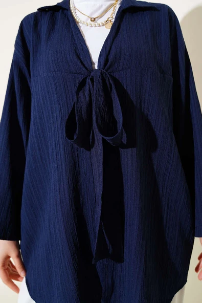 Önü Bağlamalı Krinkıl Kimono Lacivert - 4