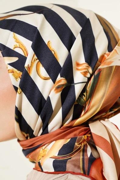 Şeritli Çiçek Desen Rayon Eşarp Oranj - 4