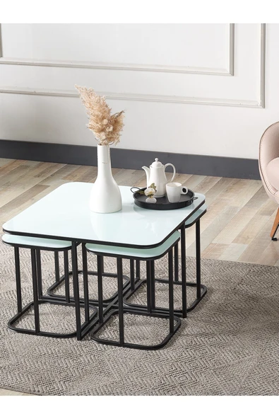 SEDAŞ LIVING UNITS PELİKAN 4+1 BEYAZ TEMPERLİ CAM SİYAH METAL AYAK TAKIM SEHPA - 2