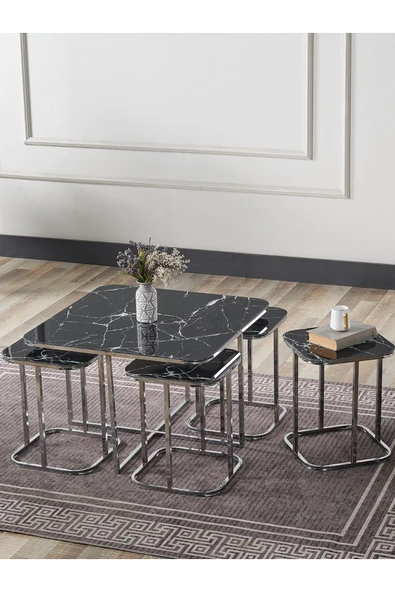 SEDAŞ LIVING UNITS PELİKAN 4+1 SİYAH MERMER TEMPERLİ CAM GÜMÜŞ METAL AYAK TAKIM SEHPA sedaş_lıvıng_unıts_sehpa