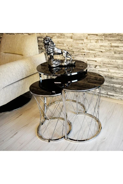 SEDAŞ LIVING UNITS 3 lü Hasır Model Siyah (Temperli Cam) Gümüş Ayak Zigon Sehpa - 2