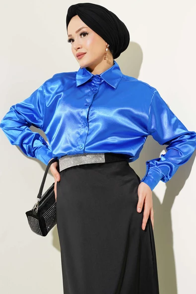 Uzun Kol Saten Gömlek Saks ürün görseli 1