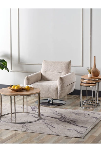 SEDAŞ LIVING UNITS 4 Lü Açık Ceviz Suntalam Gümüş Metal Ayaklı Cam C Model Sehpa Takımı (ZİGON VE ORTA)