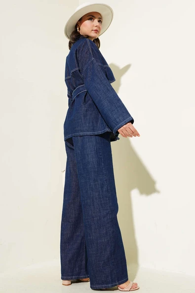 Göğüs Cep Kapaklı Kuşaklı Kot İkili Takım Lacivert - Resim 3