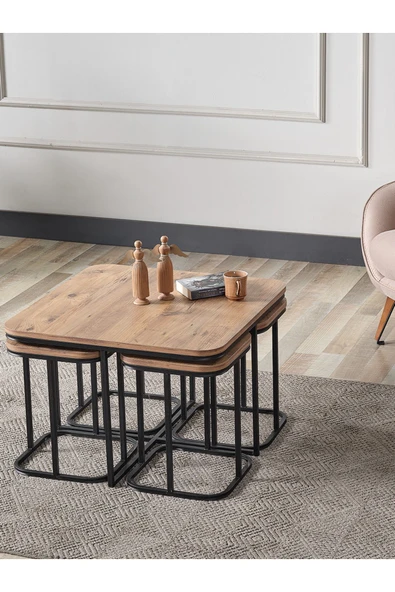 SEDAŞ LIVING UNITS PELİKAN 4+1 ANTİK ÇAM AHŞAP SİYAH METAL AYAK TAKIM SEHPA sedaş_lıvıng_unıts_sehpa - 2