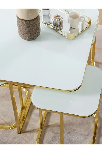SEDAŞ LIVING UNITS PELİKAN 4+1 BEYAZ TEMPERLİ CAM GOLD METAL AYAK TAKIM SEHPA - Resim 3