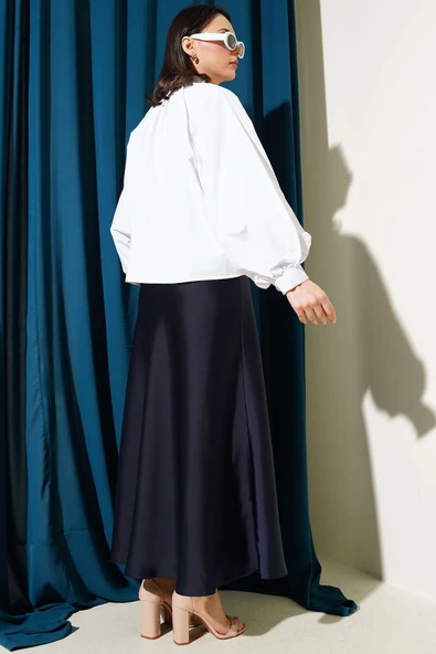 Balon Kol Taş Düğmeli Kısa Gömlek Beyaz - Resim 3