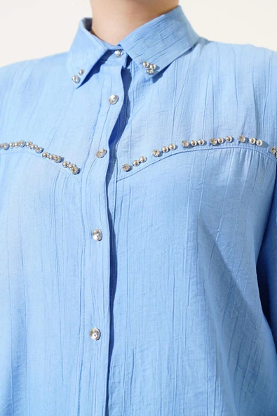 Göğüs Taş Sıralı Gömlek Mavi - Resim 4