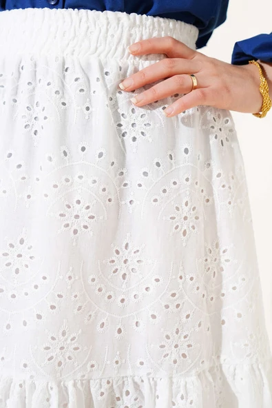 Brodeli İnci Detaylı Etek Beyaz - Resim 4