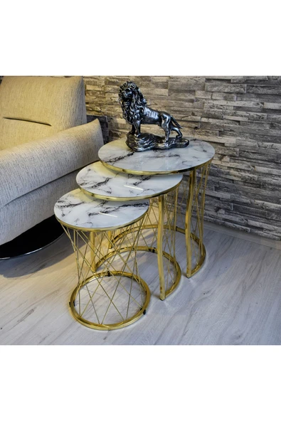 SEDAŞ LIVING UNITS Hasır Telli Beyaz Mermer Temperli Kirilmaz Cam Gold Metal Ayak Zigon Sehpa