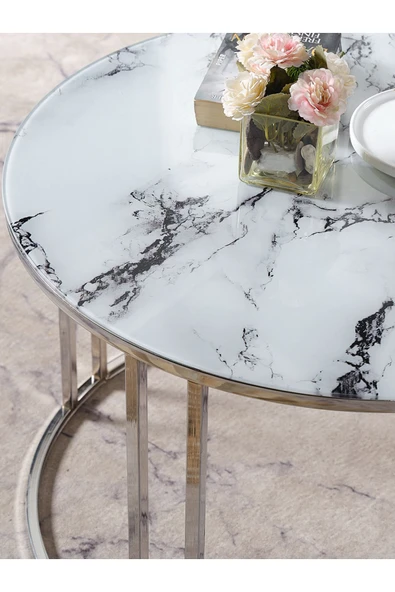 SEDAŞ LIVING UNITS Salon Orta Temperli BEYAZ MERMER (Kırılmaz) Cam (GÜMÜŞ) Metal Ayak Orta Sehpa - 2