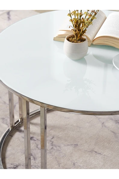 SEDAŞ LIVING UNITS Salon Orta Temperli BEYAZ (Kırılmaz) Cam (GÜMÜŞ) Metal Ayak Orta Sehpa - 2