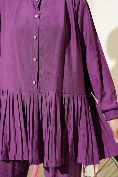 Eteği Pileli Yarım Düğmeli İkili Takım Magenta - Resim 4