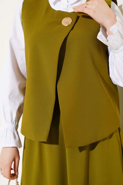 Gold Düğmeli Yelekli Etekli İkili Takım Yağ Yeşili - Resim 4