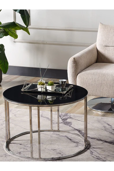 SEDAŞ LIVING UNITS Salon Orta Temperli SİYAH AYNALI (Kırılmaz) Cam (GÜMÜŞ) Metal Ayak Orta Sehpa