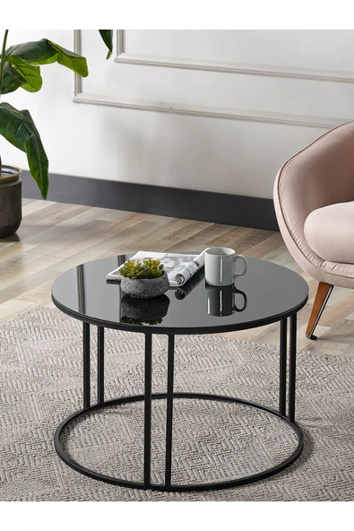 SEDAŞ LIVING UNITS 4 Lü Siyah Temperli Kırılmaz Cam Siyah Metal Ayaklı Cam C Model Sehpa Takımı (ZİGON VE ORTA) - 3