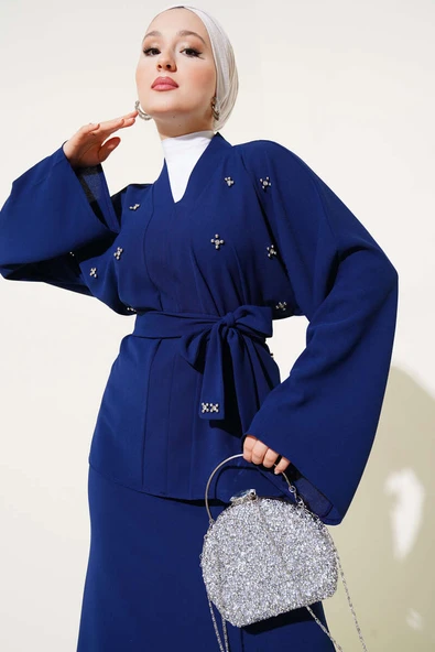 Taşlı İnci Süslemeli Etekli İkili Takım Lacivert - Resim 2